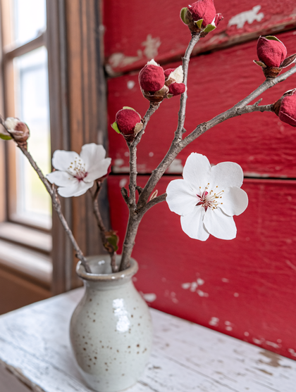 White Cherry Blossom Branches in Speckled Vase