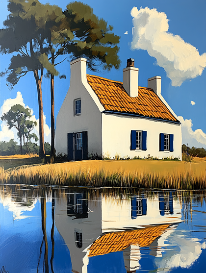 White Cottage by the Water Reflection
