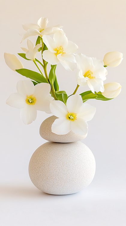 White Flowers and Stone Arrangement