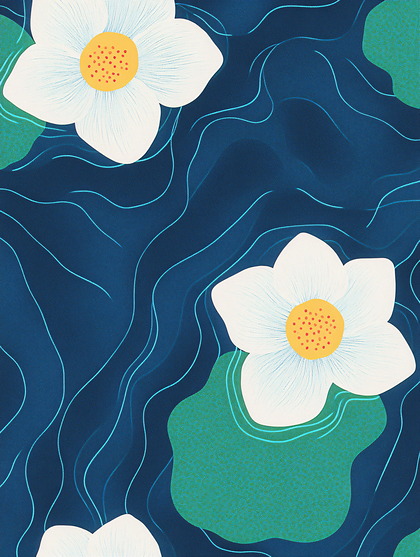 White Flowers Floating On Dark Blue Water