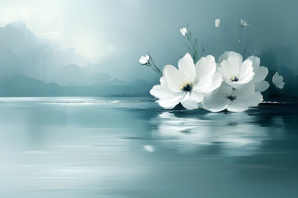 White Flowers in Blue Landscape Painting