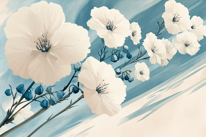 White Flowers on Blue Abstract Background