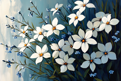 White Flowers on Blue Background