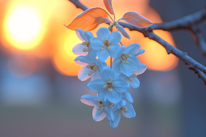 White Flowers On Branch At Sunset