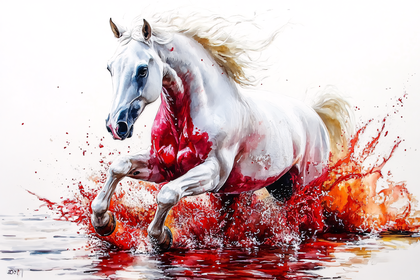 White Horse Galloping Through Red Water
