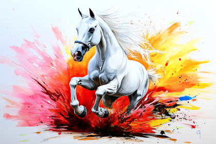 White Horse Galloping Through Splashes Of Color