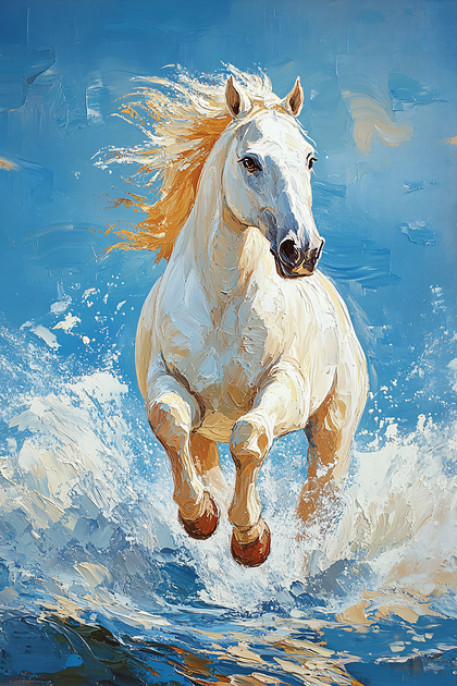 White Horse Running Through Water