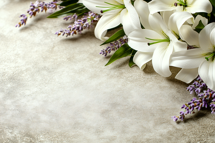 White Lilies and Lavender Arrangement on Textured Background
