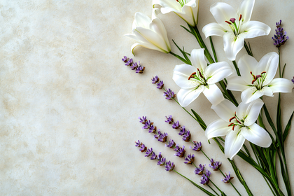 White Lilies and Lavender on Textured Background