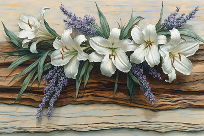 White Lilies and Lavender on Wood