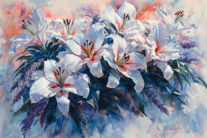 White Lilies and Lavender Watercolor