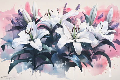 White Lilies and Lavender Watercolor