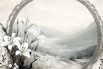 White Lilies and Mountain Vista in Oval Frame