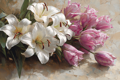White Lilies and Pink Tulips Still Life