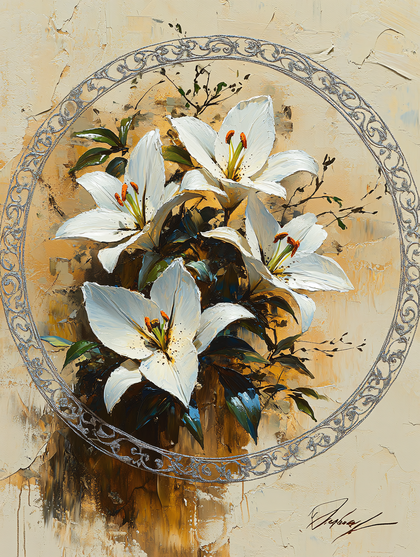 White Lilies in a Decorative Circle