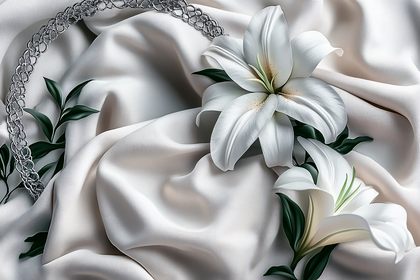 White Lilies on Silk with Silver Embellishment