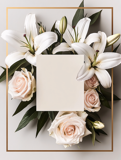 White Lily and Rose Bouquet with Gold Frame