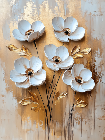 White Poppies on Gold Background