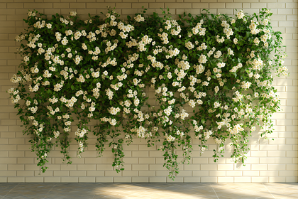 White Roses Climbing on Brick Wall