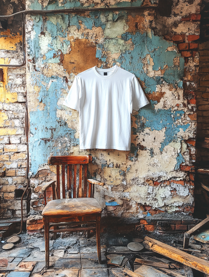White T-Shirt on Distressed Wall with Wooden Chair