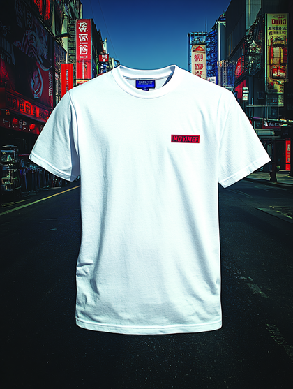 White T-Shirt With Red Logo On City Street
