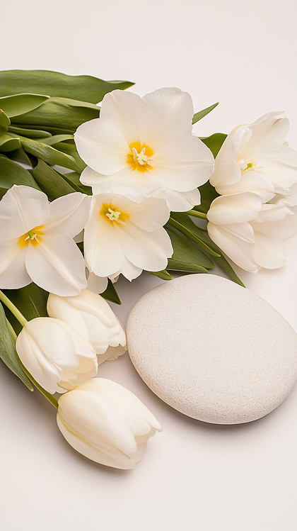 White Tulips and Stone Arrangement