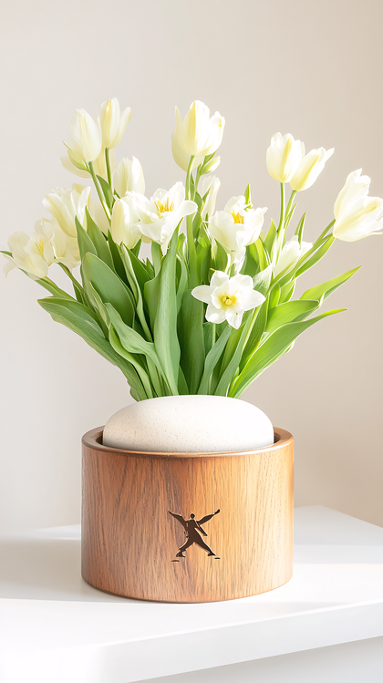White Tulips in Wooden Vase