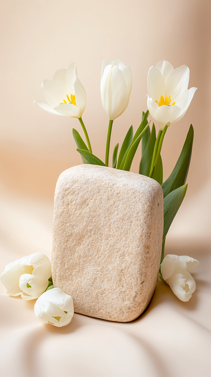 White Tulips with Stone Block