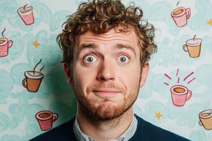 Wide Eyed Man with Coffee Cup Background
