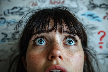 Wide-Eyed Woman with Question Marks