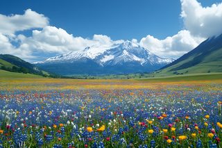 Wildflower Meadow and Snow-Capped Mountain