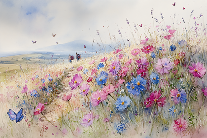 Wildflower Meadow With Hikers