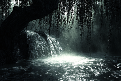 Willow Tree Waterfall Scene
