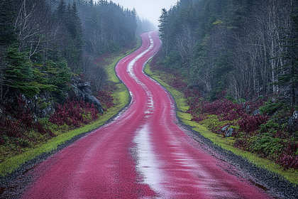 Winding Red Road Through Misty Forest
