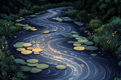 Winding River at Night with Lily Pads