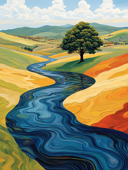 Winding River Landscape with Tree
