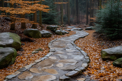 Winding Stone Path In Autumn Forest