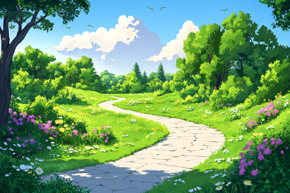 Winding Stone Path Through Green Forest