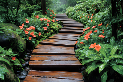 Winding Wooden Walkway in Lush Garden