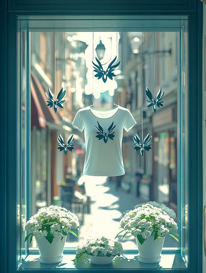 Window Display With T-Shirt And Flowers
