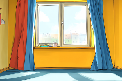Free Download Cartoon Room Interior with Window View and Colorful Curtains
