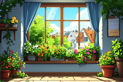 Window View With Flowers And Garden