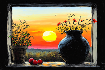 Window View With Sunset And Flowers