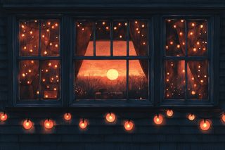 Window View With Sunset And String Lights