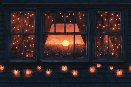 Window View With Sunset And String Lights