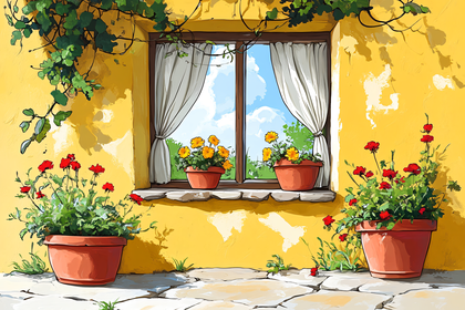 Window with Flower Pots on Yellow Wall with Green Vines