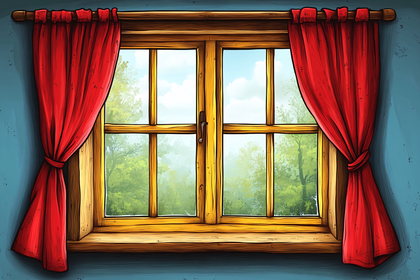 Window With Red Curtains And Forest View