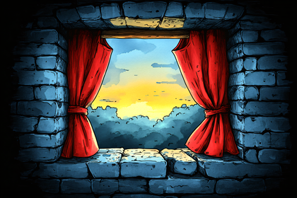 Window With Red Curtains Opening To Dusk Scene