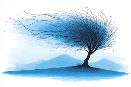 Windy Bare Tree in Blue Landscape