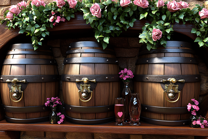 Wine Barrels with Roses and Drinks